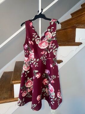 mine Burgundy Floral Scalloped V-Neck Fit & Flare Mini Dress